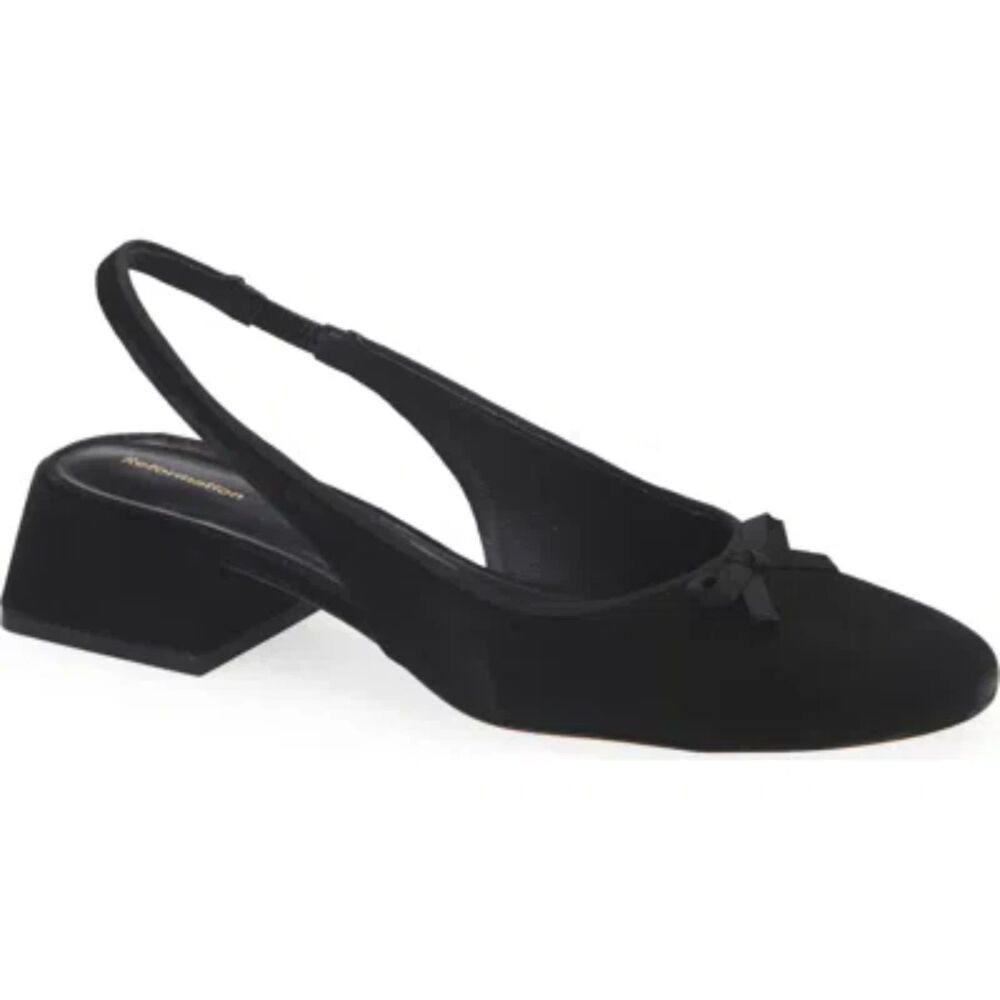 Reformation Margarita Black Suede Slingback Round Toe Low Block Heel Flat Shoes